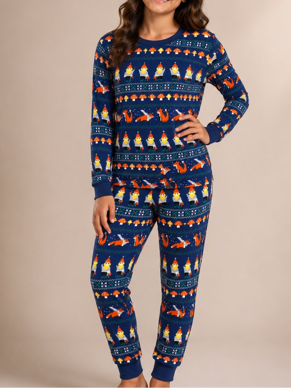 Crewcuts Navy Blue Kids Pajama Set with Fox & Gnome Pattern girls 12-14